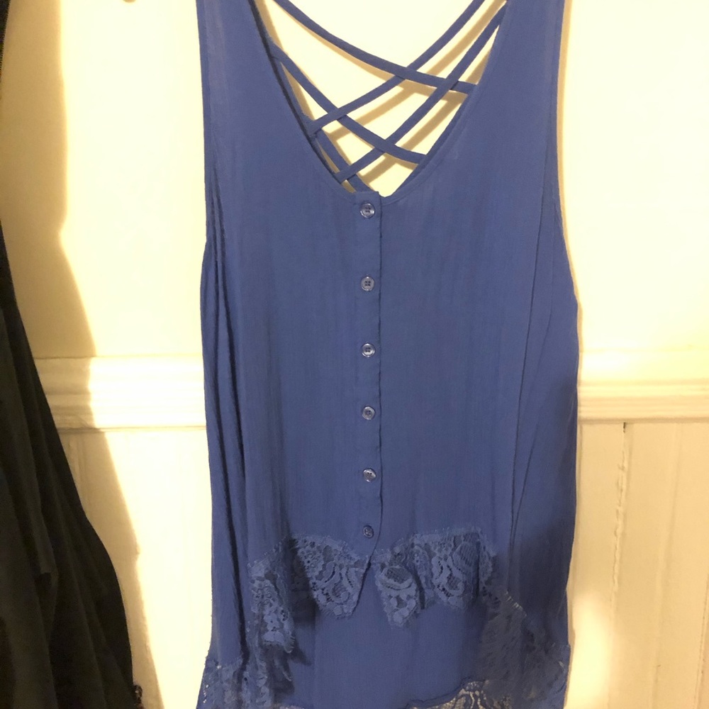 High low lace trip blue tank top